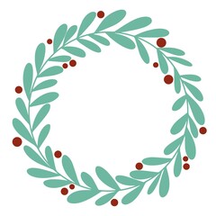 Decoratic Christmas deciduous wreath with red berries vector illustration. Circular frame made of twigs and berries. Round rim for congratulations or invitations, template.