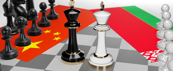 China and Belarus conflict, clash, crisis and debate between those two countries that aims at a trade deal and dominance symbolized by a chess game with national flags, 3d illustration