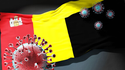 Covid in Wloclawek - coronavirus attacking a city flag of Wloclawek as a symbol of a fight and struggle with the virus pandemic in this city, 3d illustration