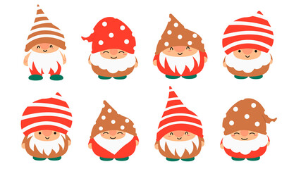 Little garden cute gnomes and elves in cartoon style. Characteristic fairies for children and kids. Kawaii gnome and magic elf design. Vector illustration.