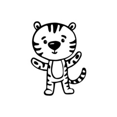 Cartoon tiger isolated on a white background with black outline. Coloring Page 