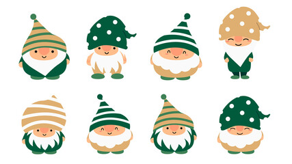 Little garden cute gnomes and elves in cartoon style. Characteristic fairies for children and kids. Kawaii gnome and magic elf design. Vector illustration.