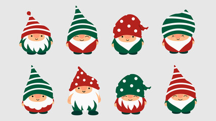 Little garden cute gnomes and elves in cartoon style. Characteristic fairies for children and kids. Kawaii gnome and magic elf design. Vector illustration.