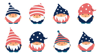 Little garden cute gnomes and elves in cartoon style. Characteristic fairies for children and kids. Kawaii gnome and magic elf design. Vector illustration.