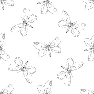 A butterfly pattern. seamless pattern of a hand-drawn butterfly sketch, top view, isolated black outline randomly arranged on white