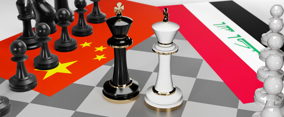 China and Iraq conflict, clash, crisis and debate between those two countries that aims at a trade deal and dominance symbolized by a chess game with national flags, 3d illustration