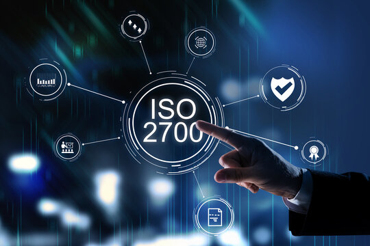 Man pointing at virtual screen with text ISO 2700 and different icons, closeup
