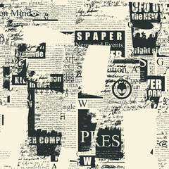 Abstract seamless pattern with old newspaper clippings and unreadable scribbles. Chaotic vector background with illegible text and titles in grunge style.Suitable for wallpaper, wrapping paper, fabric