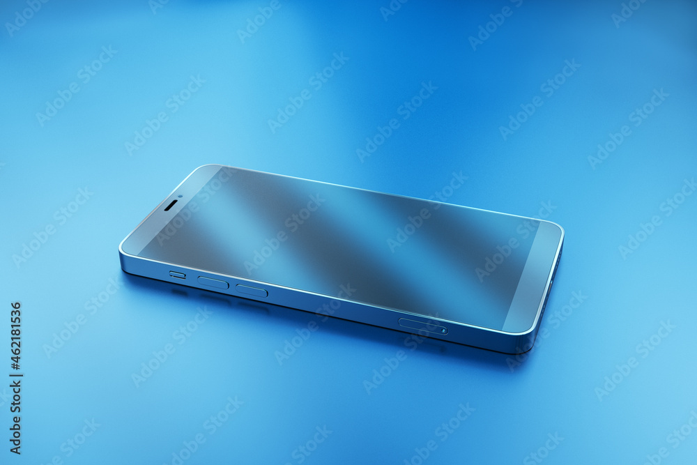 Poster Empty cellphone with reflections on blue background. Technology and device concept. 3D Rendering.