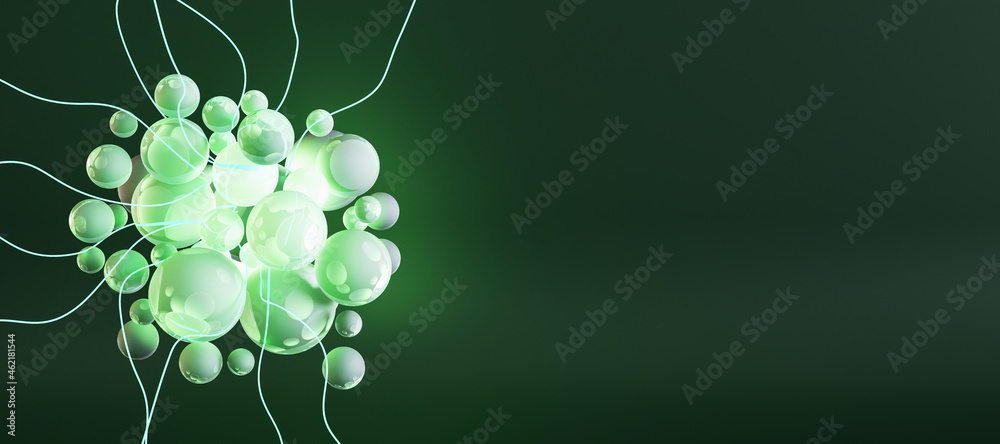 Aufkleber Abstract panoramic image of green microbe or neurons on dark background with mock up place. Medicine and biology concept. 3D Rendering.