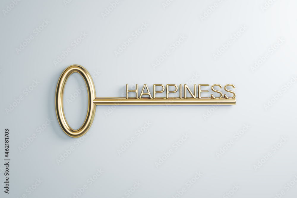 Poster close up of golden key to happiness on white background. creative concept. 3d rendering.