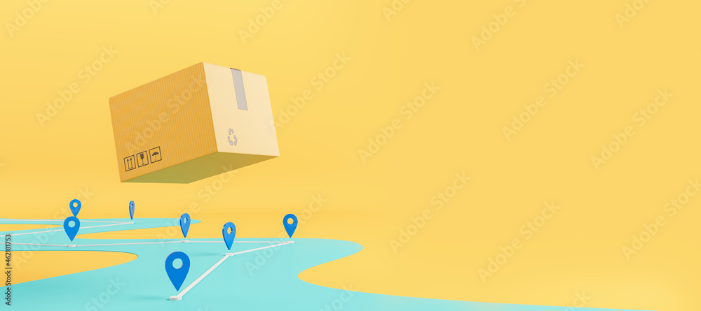 Wall mural abstract flying cardboard box above road with location pins on wide yellow background with mockup pl