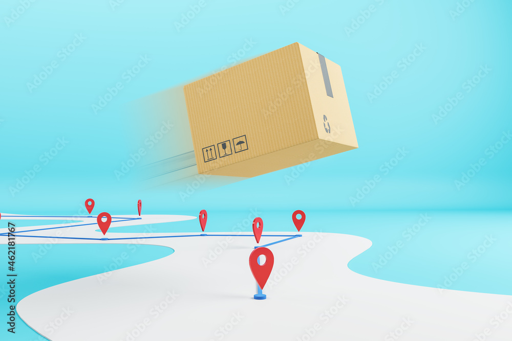Poster abstract flying cardboard box above road with location pins on blue background. express delivery con