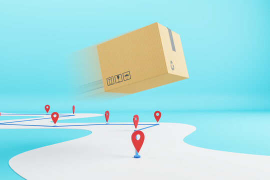 Abstract flying cardboard box above road with location pins on blue background. Express delivery concept. 3D Rendering.
