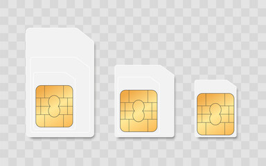 Set of SIM cards for mobile communication. Realistic sim cards set with standard mini micro and nano sim cards for mobile phones isolated on transparent background. Simcard isolated 3d design gsm. - obrazy, fototapety, plakaty