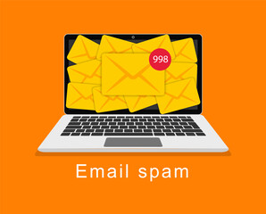 Email spam. Full email inbox of spam. Spam mailbox concept, lot of letters on the monitor screen. Laptop with a lot of envelopes on the screen, the concept of spam, mail hacking, fraud, cyber piracy. - obrazy, fototapety, plakaty