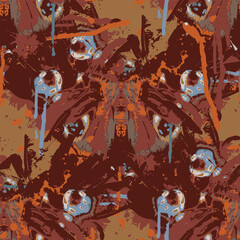 Abstract seamless pattern with peacock eye butterflies, paint spots and drips on a brown backdrop. Creative vector background in grunge style. Suitable for Wallpaper, wrapping paper or fabric design