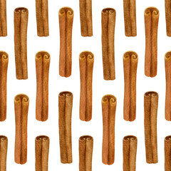 Hand-drawn cinnamon sticks isolated on a white background. Simple seamless pattern for wallpaper. Fabric print. Natural aromatic spice. Dry bark for homemade bakery. Healthy food ingredient