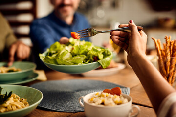 Close-up of woman eats salad during lunch with her friends at home.