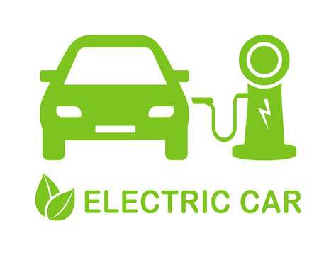 Electric car refueling icon. Eco car concept with electric charge. EV car. Green hybrid vehicles charging point logotype, Eco friendly vehicle concept. The car is charged by electricity. Vector