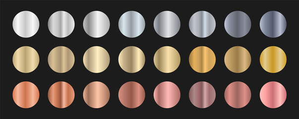 Set of metallic gradients. Gold, silver and bronze gradients. Collection of shiny gradient colors. Different metal gradients. Vector
