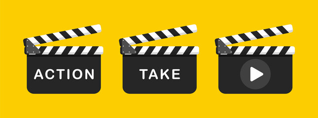 Film clappers boards. Opened movie clap board for cinematography and film production. Movie clapper with an inscription "Take", "Action" and button play. Vector