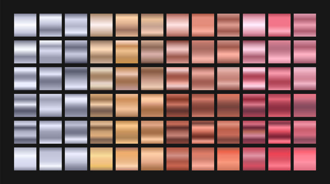 Set of metallic gradients. Gold, silver, bronze and rose gradients. Collection of shiny gradient colors. Different metal gradients. Vector