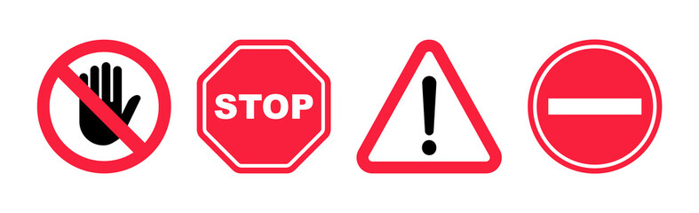 Set of stop signs. Danger, warning and attention signs. Attention sign with exclamation mark. Hazard warning symbol. Prohibition sign. Do not touch sign. Vector Illustration.