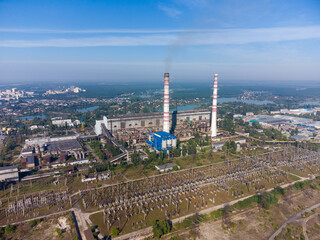 Aerial view of fossil fuel thermal power station