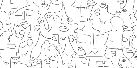 One line drawing Black white face seamless pattern