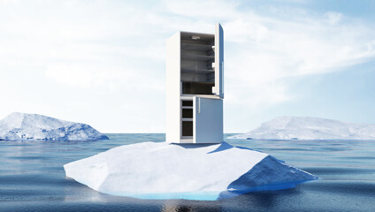 Open Refrigerator on Iceberg in the Ocean