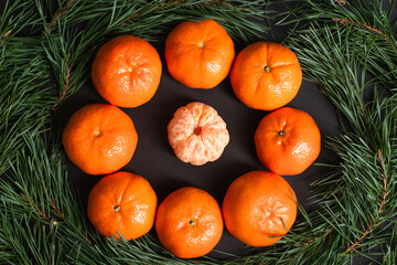 Fototapeta na wymiar flat lay with ripe tangerines near golden christmas balls near fir branches