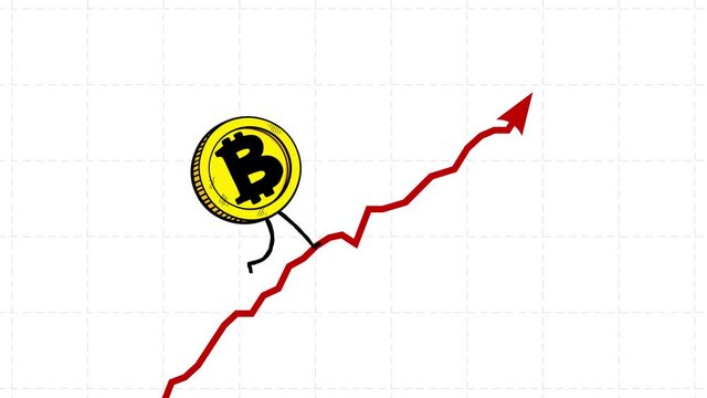 Bitcoin rate still goes up seamless loop. Walking up coin. Bitcoin character rising fast. Funny business cartoon.