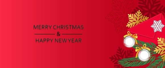Fototapeta na wymiar Merry Christmas and New Year horizontal banner. Tree toy, christmas tree, envelop, snowflake on red background. 