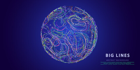 Abstract background with chaotic radial  lines connecting dots of sphere on dark. Banner for business, science and technology. Analytics algorithms data.
