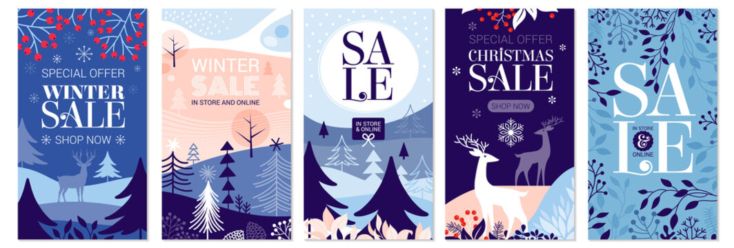 Collection of abstract background designs, winter sale, social media promotional content. Vector illustration