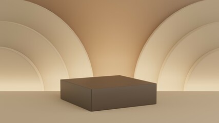 3D rendered minimal empty showcase. Brown square platform stage in the pastel-colored geometric scene.