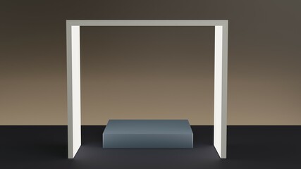 3D rendered minimal empty showcase. Indigo podium pedestal in the black geometric scene with white frame.