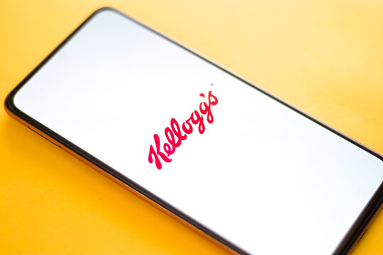 West Bangal, India - October 09, 2021 : Kellogg's logo on phone screen stock image.