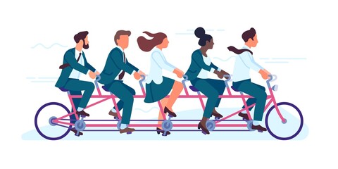 Business team ride bicycle. Collective work. People drive multicycle. Men and woman moving bike by joint efforts. Achieving goal. Workers biking. Successful partnership. Vector concept