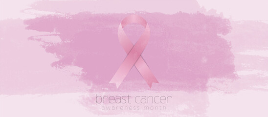 Breast cancer awareness month. Grunge watercolor blot background and pink ribbon tape. Women healthcare abstract vector design