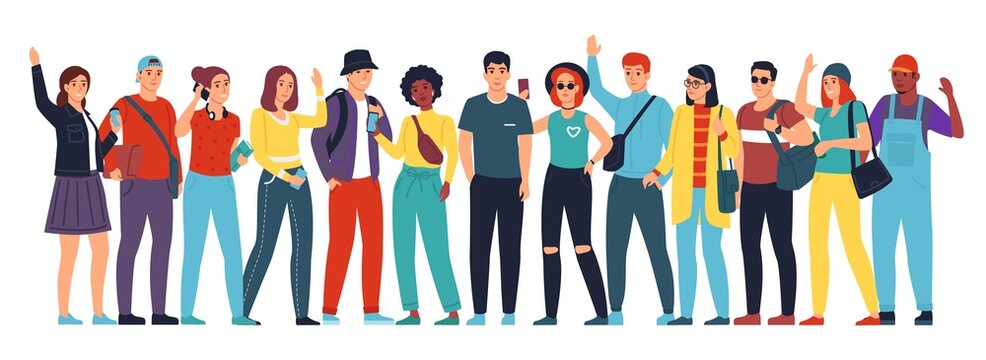 People group. Young men and women standing in row. Students smiling and greeting waving hands. Citizens grouping. Multicultural friends. Cultures and nations diversity. Vector concept