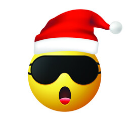 High quality emoticon isolated on a white background. Santa Claus Sleeping mask emoji. Yellow face smiley emoji sleeping. Trending emoticon. Xmas emoticon.