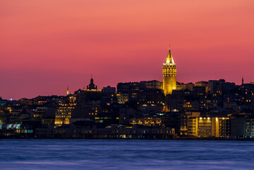 Fototapeta na wymiar Galata Tower and Bosphorus at sunset