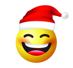 High quality emoticon vector on white background. Santa Claus emoji. Yellow face laughing emoji. Trending emoticon. Xmas emoticon.
