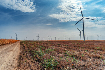 Wind power turbines in the countryside in a sunny day in agricultural field with blue sky and white clouds in summer
