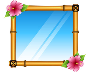Bamboo Exotic Decorated Mirror Frame with Flowers. Vector Illustration