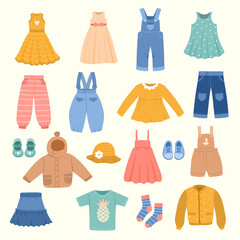 Kids clothes. Modern casual fashioned stylish textile pants jackets shirts sweater for children recent vector illustrations in flat style