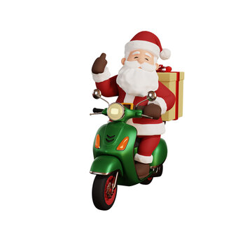 3d render christmas concept illustration santa riding scooter and delivering gift