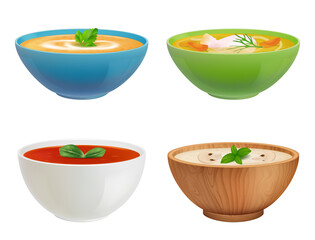 Bowls with soup. Gazpacho chicken puree soup with fish decent vector containers with liquid products